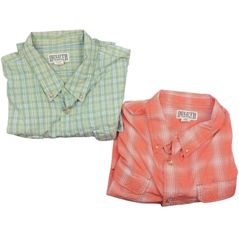 Duluth Trading Co Lot 2 Mens 3XL Nylon Button Short Sleeve Shirts Green Orange